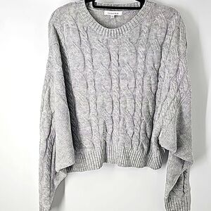 Hooked Up Heather Gray Crew Neck Cable Knit Sweater w Dolman Sleeves